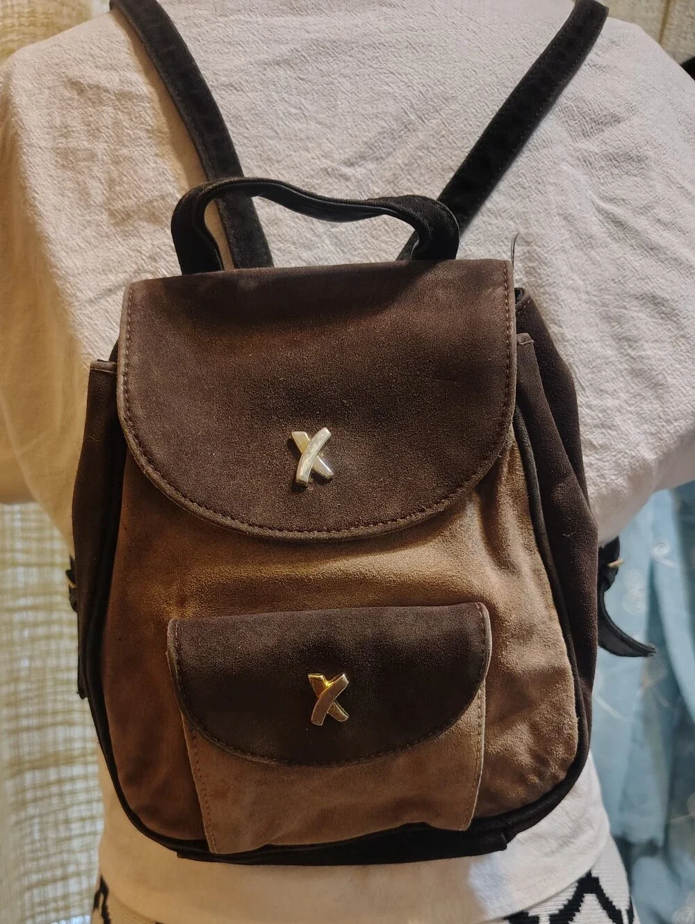 Vintage Paloma Picasso Brown Suede Leather Mini Backpack Made In Italy